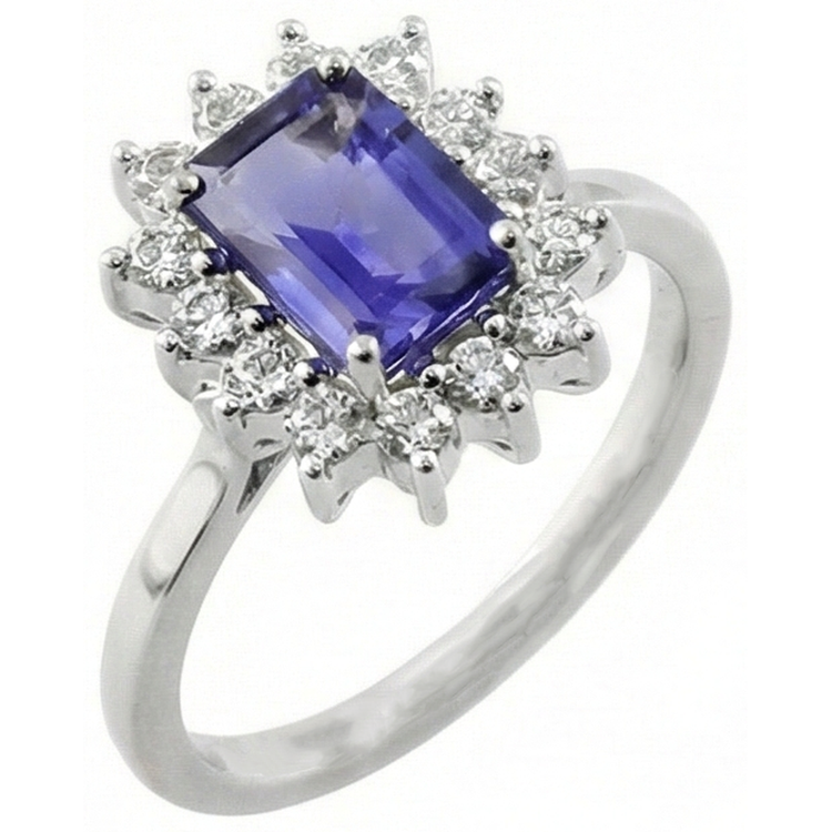 Bague Halo Tanzanite Et Diamants 6.35 Carats Or Blanc 14K
