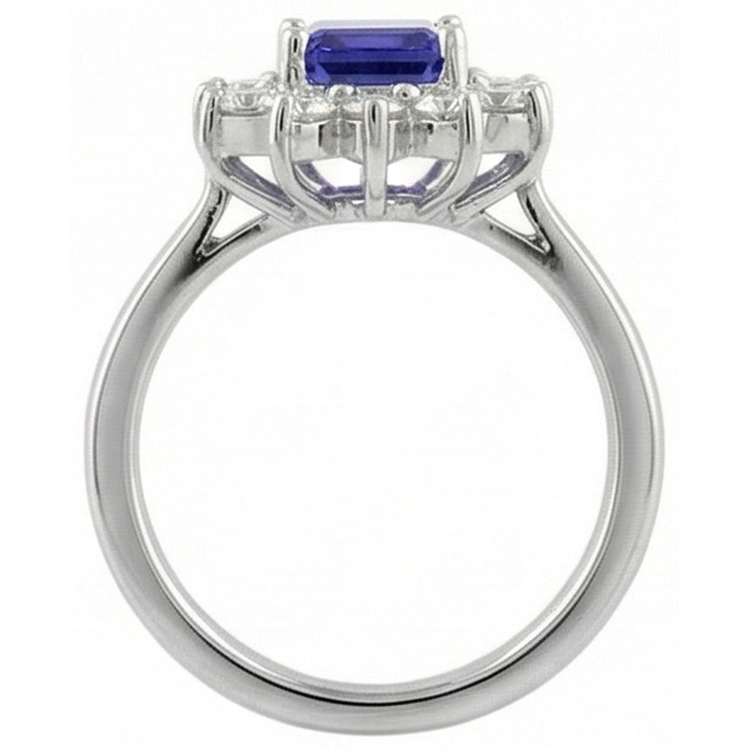 Bague Halo Tanzanite Et Diamants 6.35 Carats Or Blanc 14K