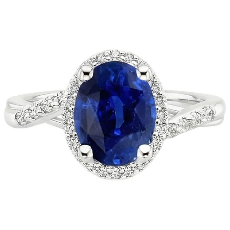 Bague Halo Twist Style Ovale Bleu Saphir & Diamants 3.75 Carats