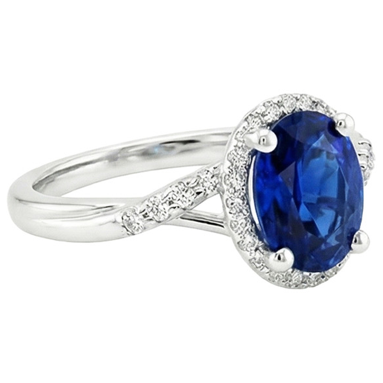 Bague Halo Twist Style Ovale Bleu Saphir & Diamants 3.75 Carats
