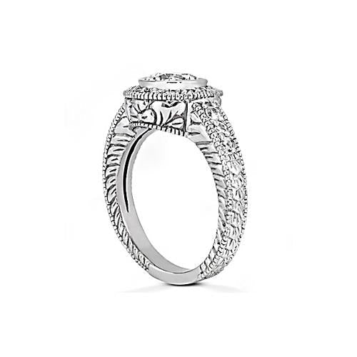 Bague Halo Véritable Diamant Style Antique 1.35 Carats Or Blanc 14K