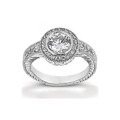 Bague Halo Véritable Diamant Style Antique 1.35 Carats Or Blanc 14K