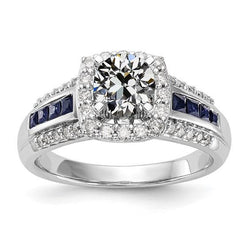 Bague Halo Véritable Diamant Taille Vieille Mine & Saphirs Bleu Princesse 3.75 Carats
