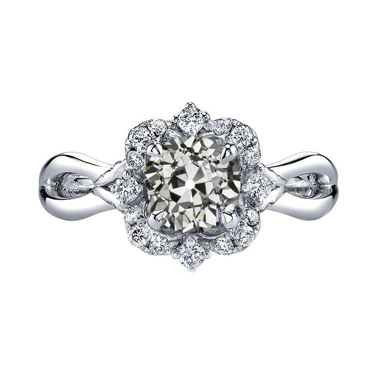 Bague Halo à Réel diamants ronds de coupe ancienne de style ancien avec tige fendue 4 carats