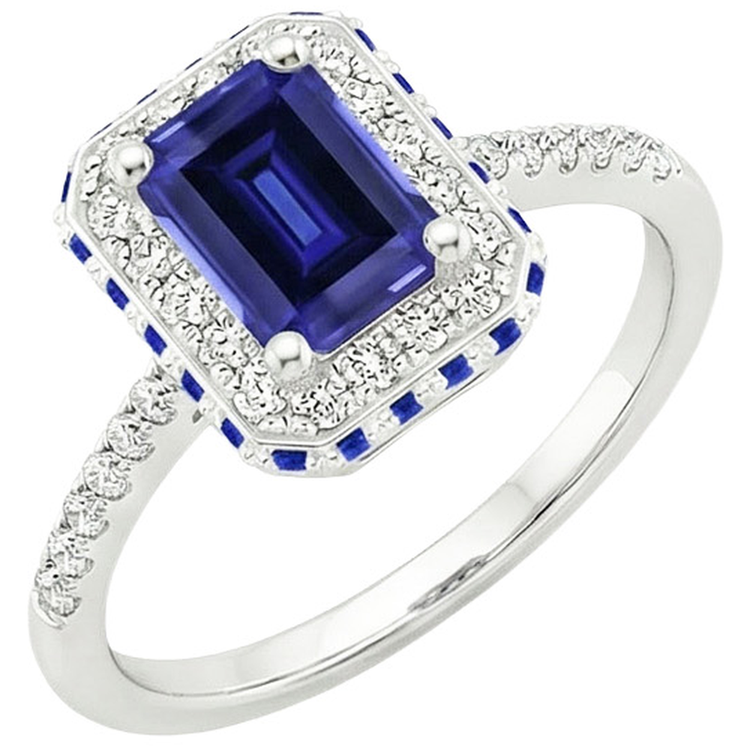 Bague Halo de Diamants Naturels Extraits des Mines ( et non cultivés en laboratoire ) avec Saphirs Bleus sur le Côté Emeraude 4.25 Carats