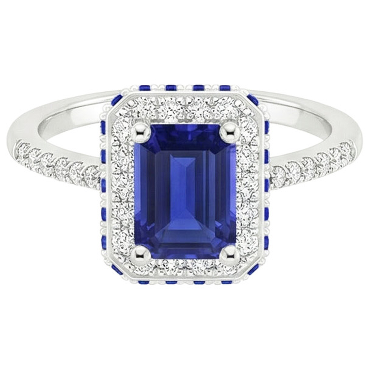 Bague Halo de Diamants Naturels Extraits des Mines ( et non cultivés en laboratoire ) avec Saphirs Bleus sur le Côté Emeraude 4.25 Carats