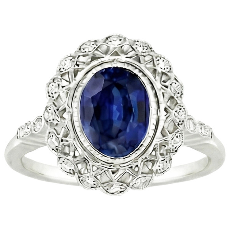 Bague Halo de style antique sertie de saphir bleu avec diamants 4 carats