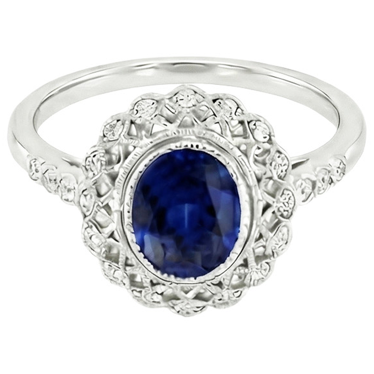 Bague Halo de style antique sertie de saphir bleu avec diamants 4 carats