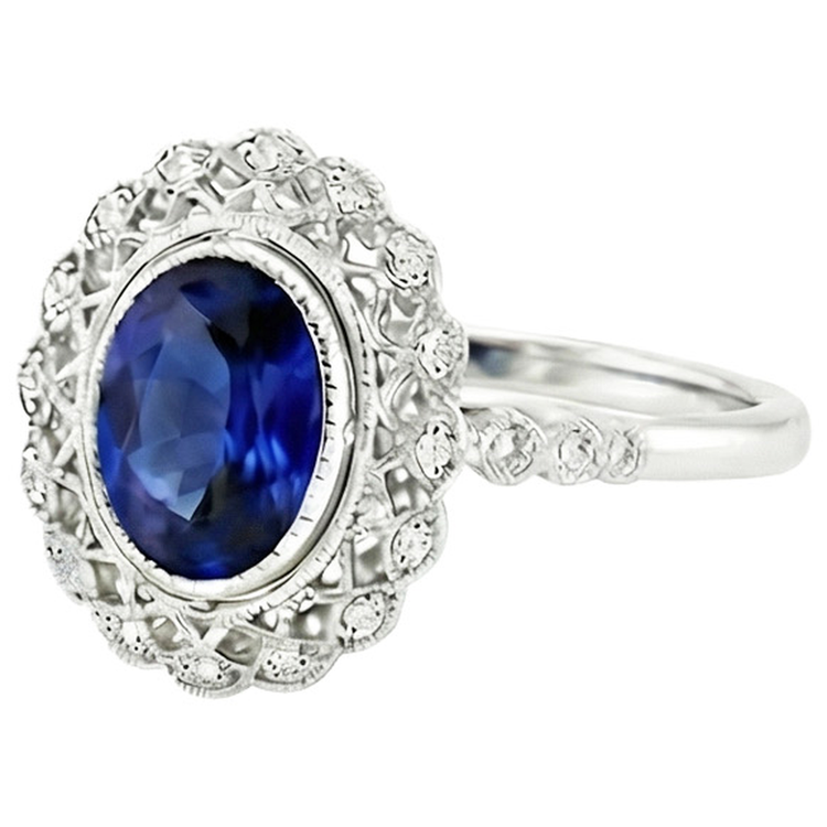 Bague Halo de style antique sertie de saphir bleu avec diamants 4 carats