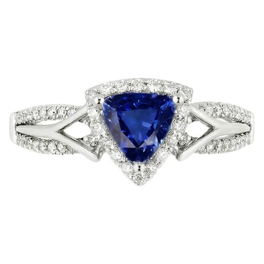 Bague Halo diamant pour femme 3 carats trillion bleu saphir tige fendue