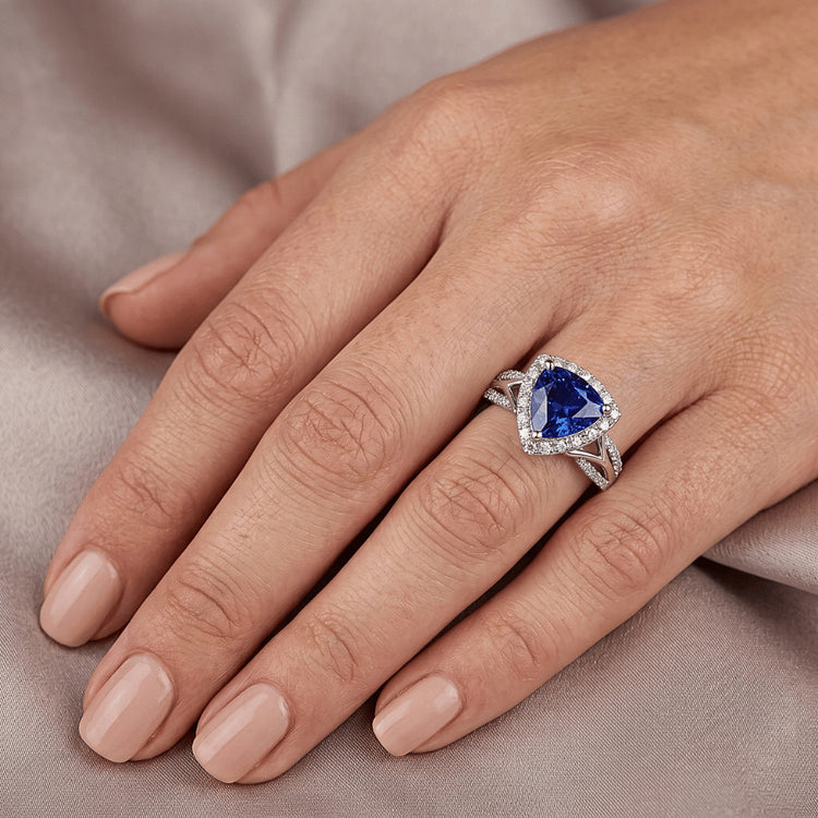 Bague Halo diamant pour femme 3 carats trillion bleu saphir tige fendue