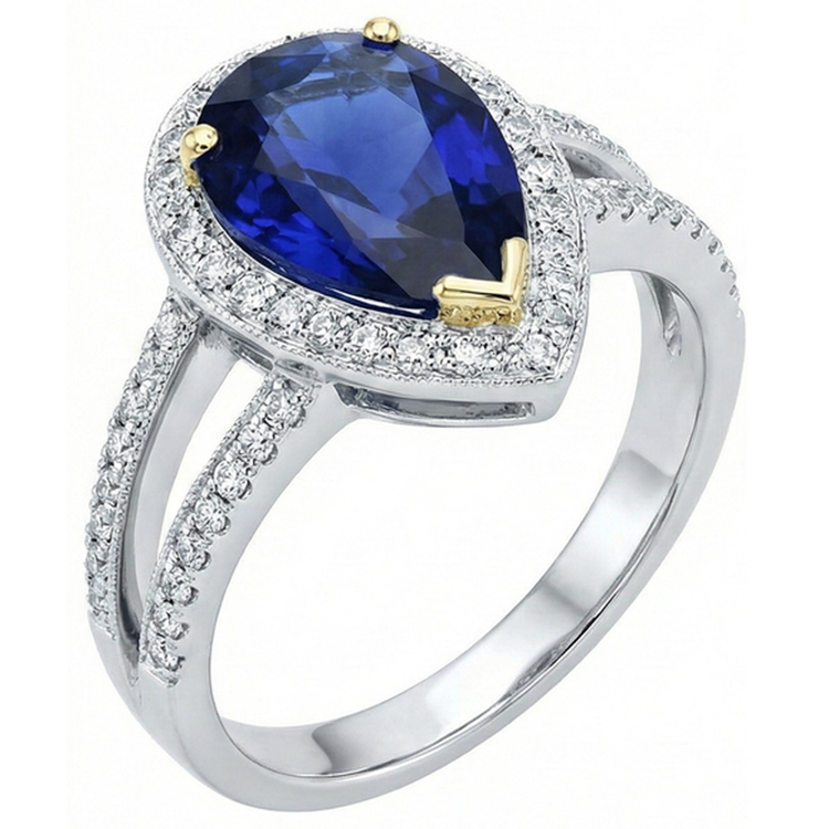 Bague Halo en or bicolore avec saphir bleu profond et diamants 4.50 carats