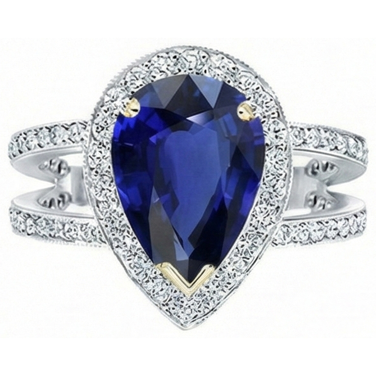 Bague Halo en or bicolore avec saphir bleu profond et diamants 4.50 carats
