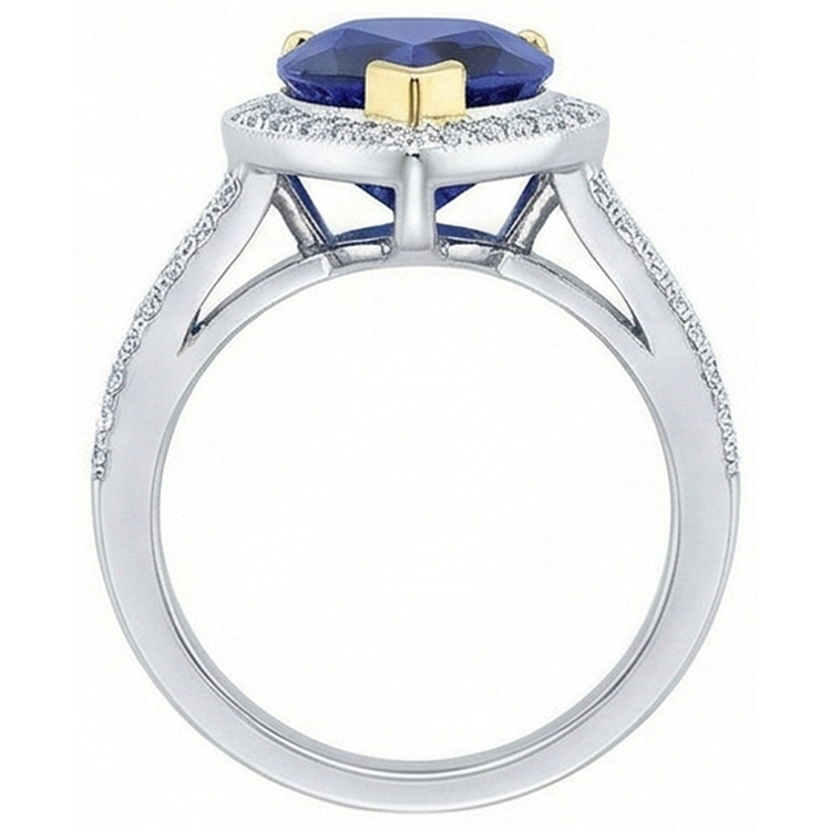 Bague Halo en or bicolore avec saphir bleu profond et diamants 4.50 carats
