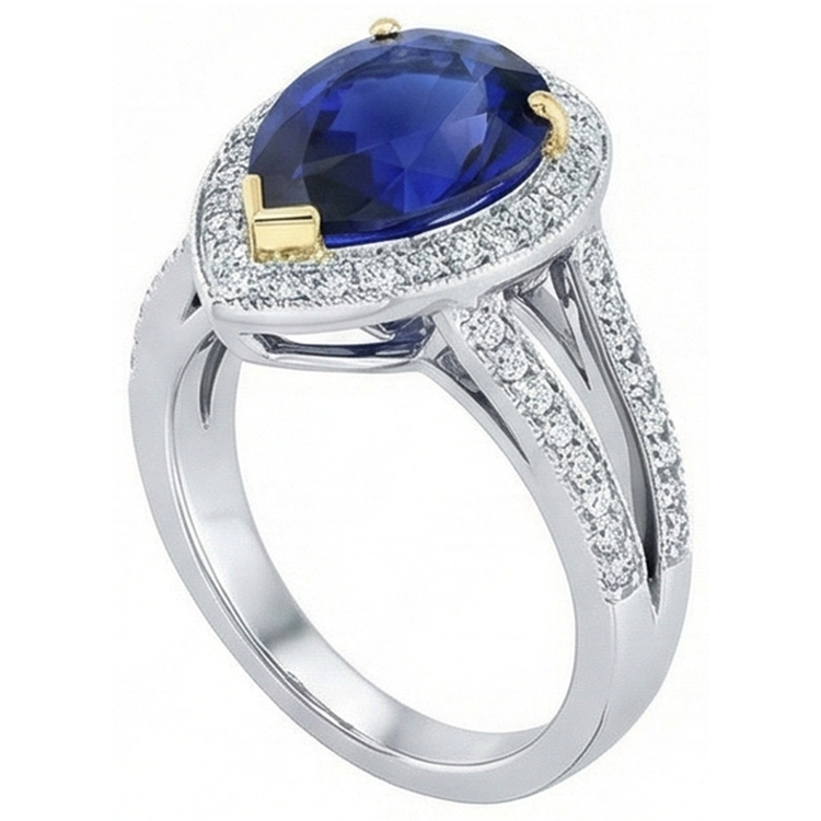 Bague Halo en or bicolore avec saphir bleu profond et diamants 4.50 carats