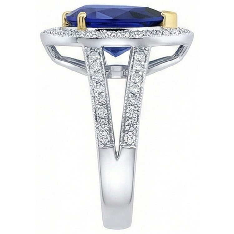 Bague Halo en or bicolore avec saphir bleu profond et diamants 4.50 carats