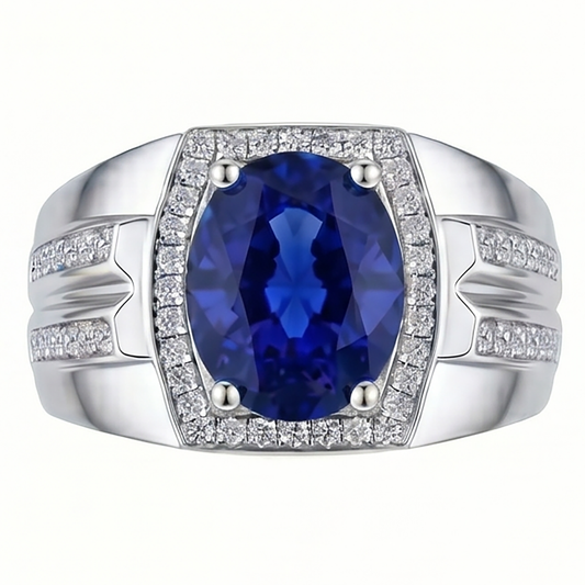 Bague Halo pour Homme 4 Carats Diamant Ovale & Saphir Bleu Bijou Or 14K