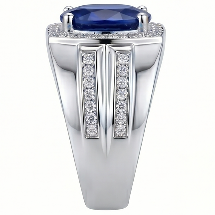 Bague Halo pour Homme 4 Carats Diamant Ovale & Saphir Bleu Bijou Or 14K