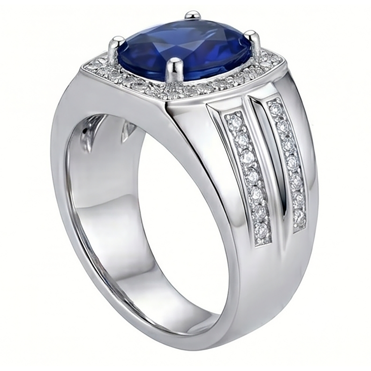 Bague Halo pour Homme 4 Carats Diamant Ovale & Saphir Bleu Bijou Or 14K