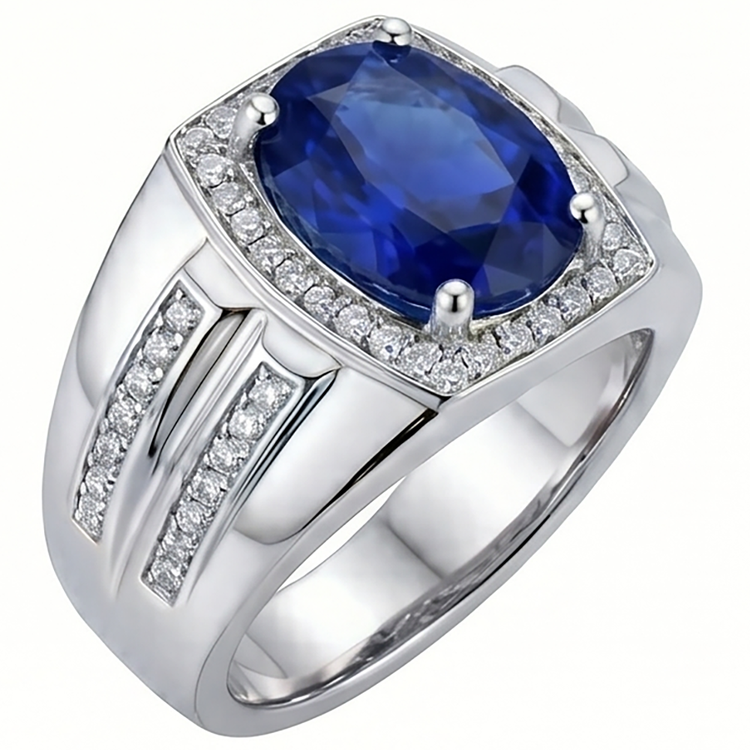 Bague Halo pour Homme 4 Carats Diamant Ovale & Saphir Bleu Bijou Or 14K