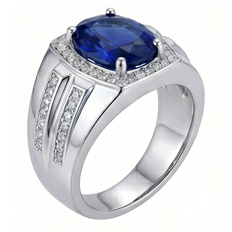 Bague Halo pour Homme 4 Carats Diamant Ovale & Saphir Bleu Bijou Or 14K