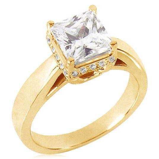 Bague Hidden Halo Princess Réel Diamond Solitaire En Or Jaune Avec Accents