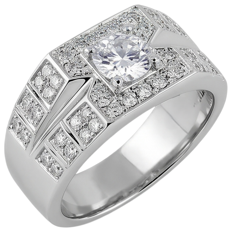 Bague Homme Anniversaire Diamant Rond 3 Carats Or Blanc 14K