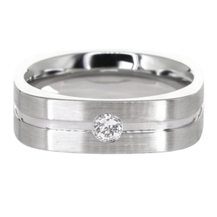 Bague Homme Diamant Rond Fini Brossé Or Blanc 14K 0.20 Carat