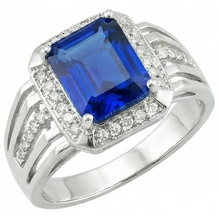 Bague Homme Diamant Naturels Extraits des Mines ( et non cultivés en laboratoire ) Taille Émeraude Saphir Bleu Avec Accents 3.50 Carats