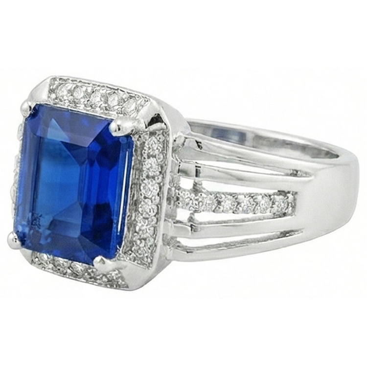 Bague Homme Diamant Naturels Extraits des Mines ( et non cultivés en laboratoire ) Taille Émeraude Saphir Bleu Avec Accents 3.50 Carats
