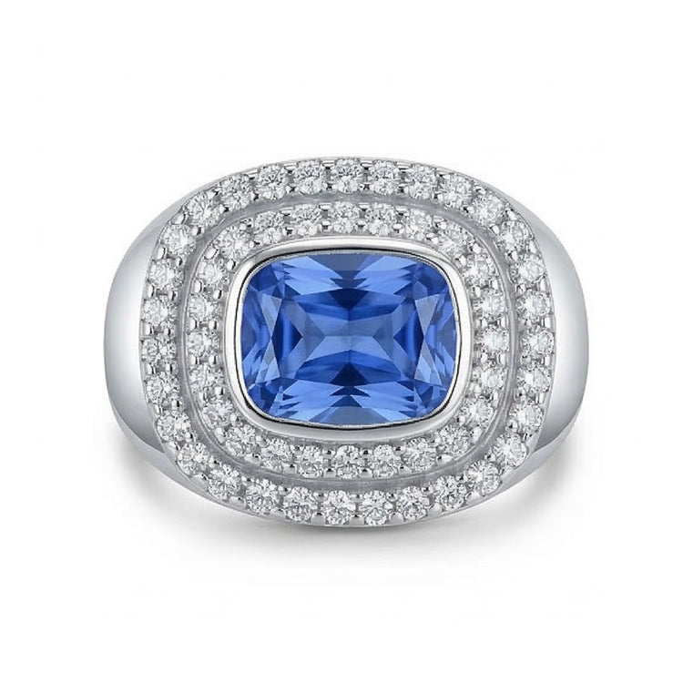Bague Homme Double Halo Sertie Lunette Coussin Saphir Bleu Naturel 4.50 Ct