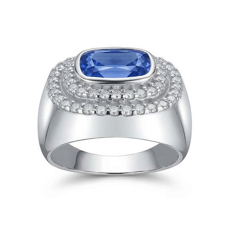 Bague Homme Double Halo Sertie Lunette Coussin Saphir Bleu Naturel 4.50 Ct