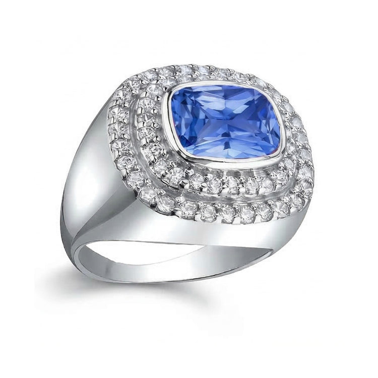 Bague Homme Double Halo Sertie Lunette Coussin Saphir Bleu Naturel 4.50 Ct