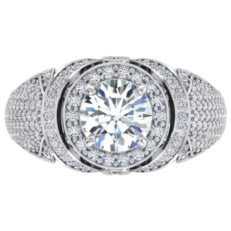 Bague Homme Gros Diamant Rond Avec Accents 5.50 Carats Or Blanc 14K