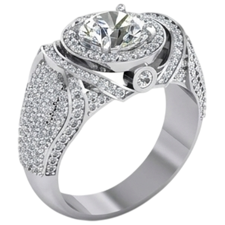 Bague Homme Gros Diamant Rond Avec Accents 5.50 Carats Or Blanc 14K