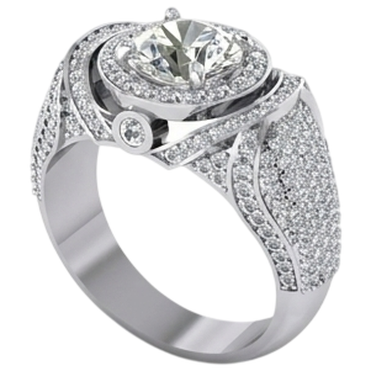 Bague Homme Gros Diamant Rond Avec Accents 5.50 Carats Or Blanc 14K