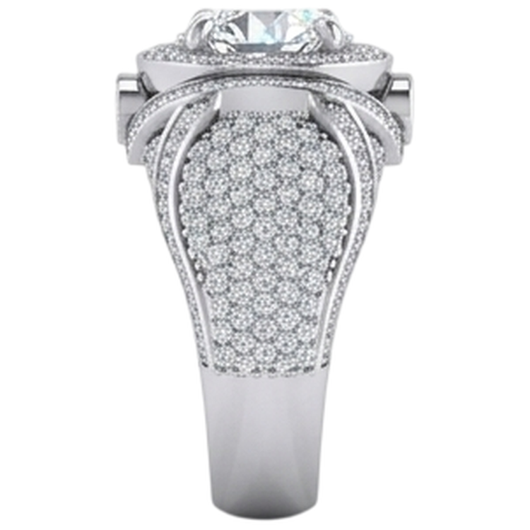 Bague Homme Gros Diamant Rond Avec Accents 5.50 Carats Or Blanc 14K