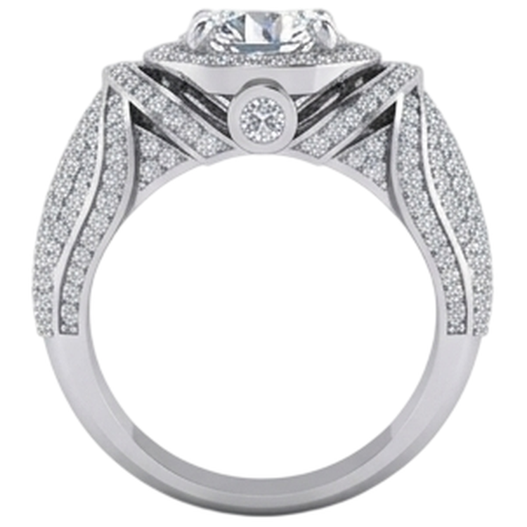 Bague Homme Gros Diamant Rond Avec Accents 5.50 Carats Or Blanc 14K