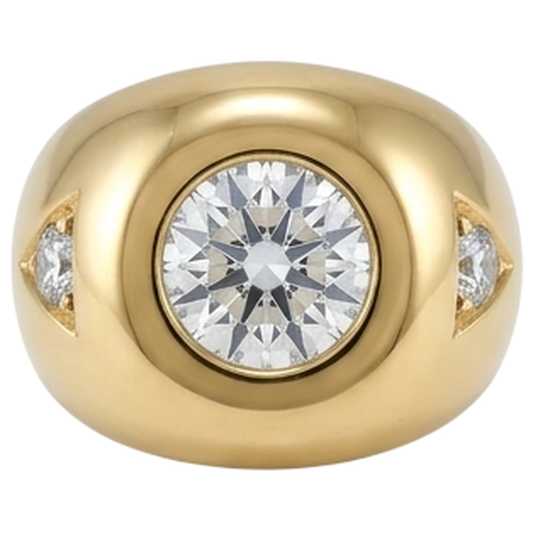 Bague Homme Or Jaune Diamants Ronds Taille Ancienne Trois Pierres 2.25 Carats