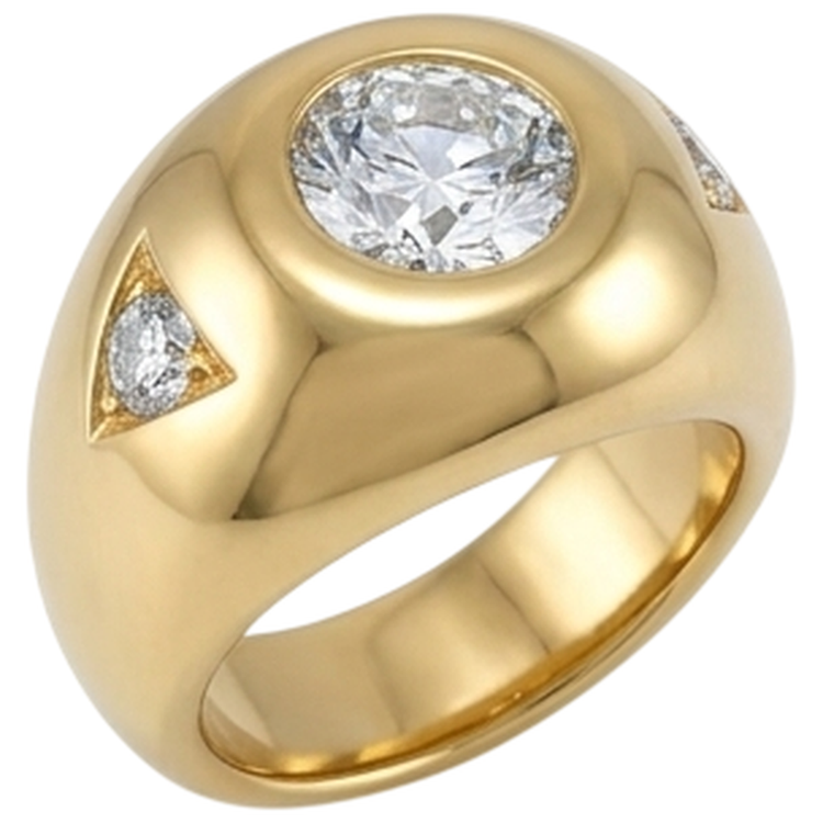 Bague Homme Or Jaune Diamants Ronds Taille Ancienne Trois Pierres 2.25 Carats