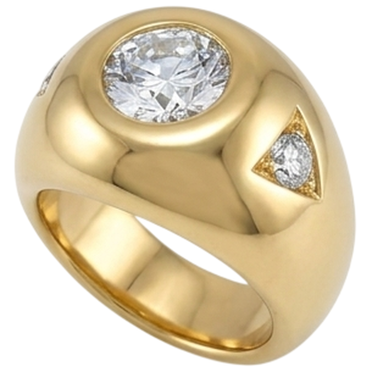 Bague Homme Or Jaune Diamants Ronds Taille Ancienne Trois Pierres 2.25 Carats