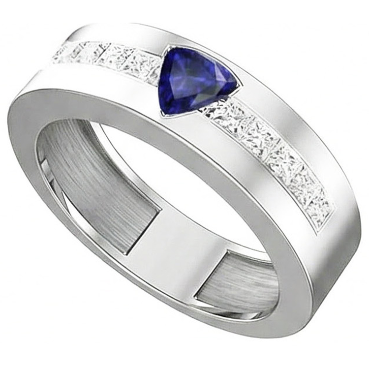 Bague Homme Or Trillion Saphir 2 Carats Diamants Serti Barrette