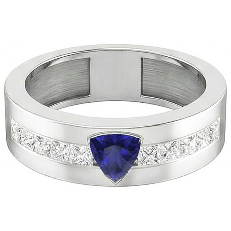 Bague Homme Or Trillion Saphir 2 Carats Diamants Serti Barrette
