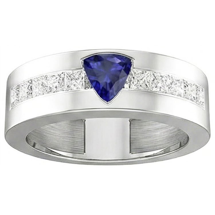 Bague Homme Or Trillion Saphir 2 Carats Diamants Serti Barrette