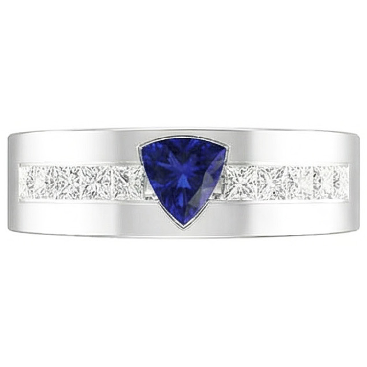 Bague Homme Or Trillion Saphir 2 Carats Diamants Serti Barrette