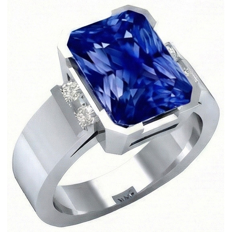 Bague Homme Saphir Bleu 4 Carats Bar Sertie Or Princesse Diamants
