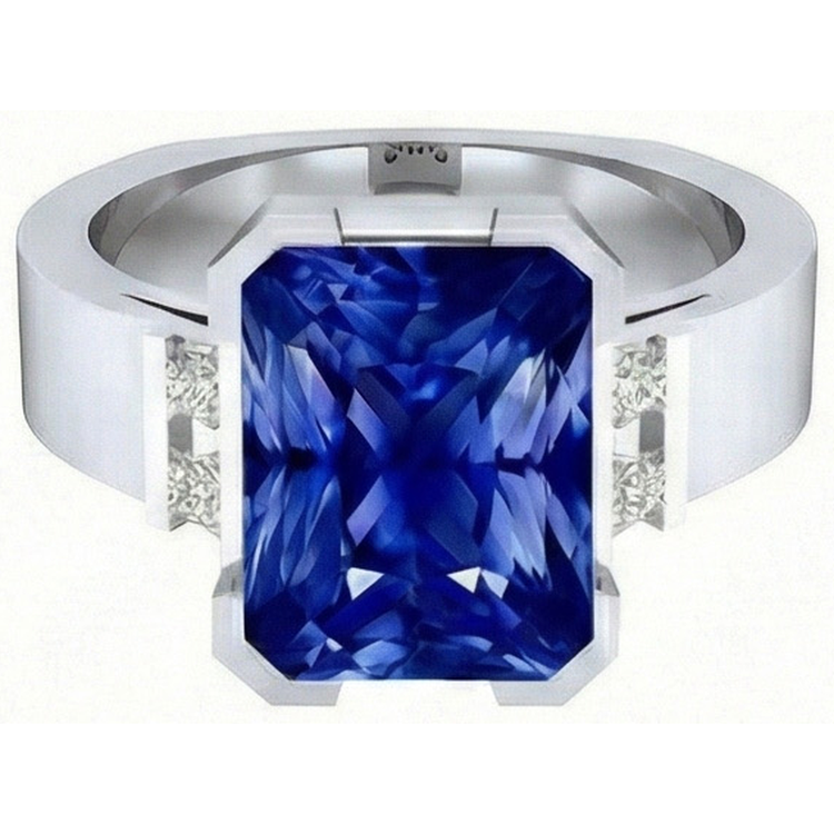 Bague Homme Saphir Bleu 4 Carats Bar Sertie Or Princesse Diamants