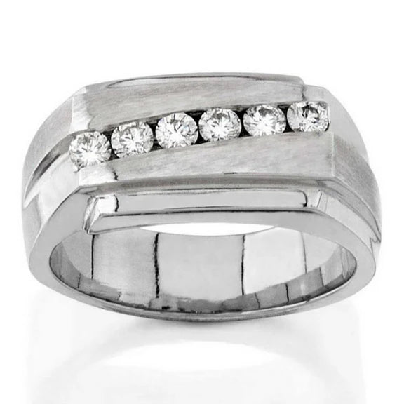 Bague Homme Scintillant 0.50 Carats Réel Diamants Ronds Or Blanc 14K