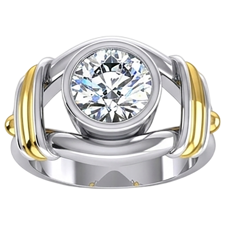 Bague Homme Solitaire Diamant Deux Tons Sertie Lunette 2 Carats