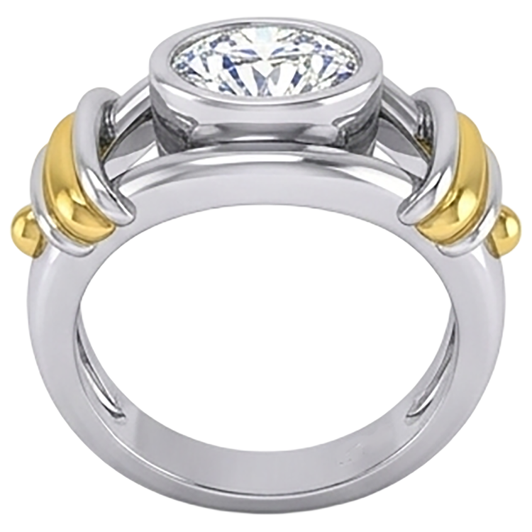 Bague Homme Solitaire Diamant Deux Tons Sertie Lunette 2 Carats